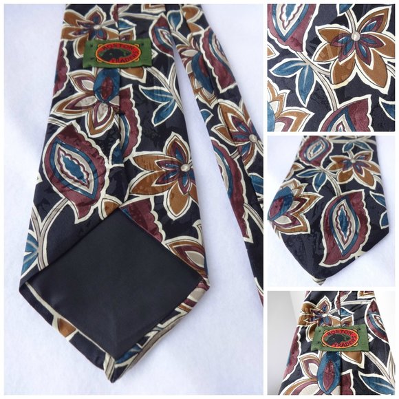 Boston Traders Tie Black Blue 90s Paisley Flowers - Picture 2 of 5